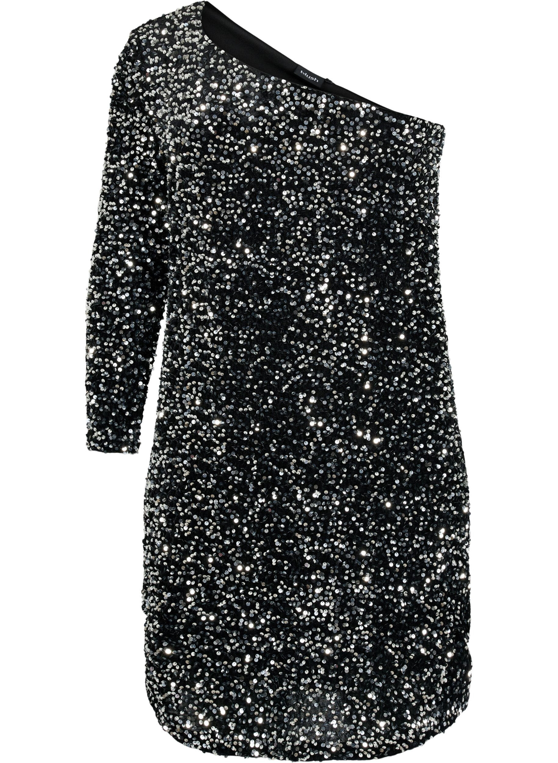 Zizzi Kort one-shoulder kjole med pallietter, Black/Silver Sequins, Packshot image number 0