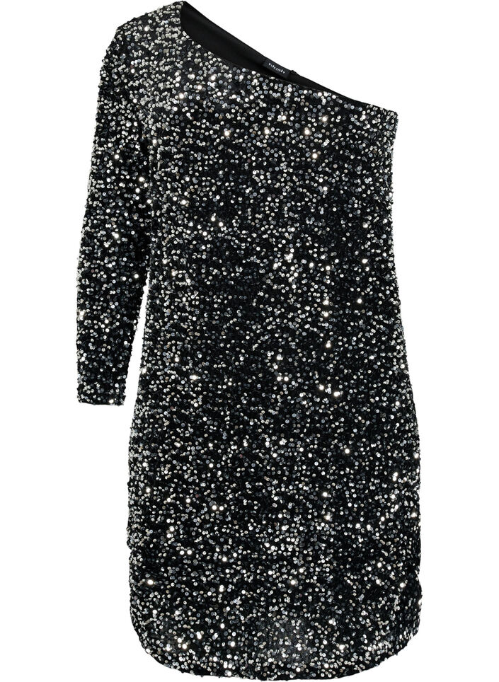 Kort one-shoulder kjole med pallietter, Black/Silver Sequins, Packshot image number 0