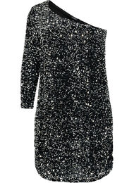 Kort one-shoulder kjole med pallietter, Black/Silver Sequins