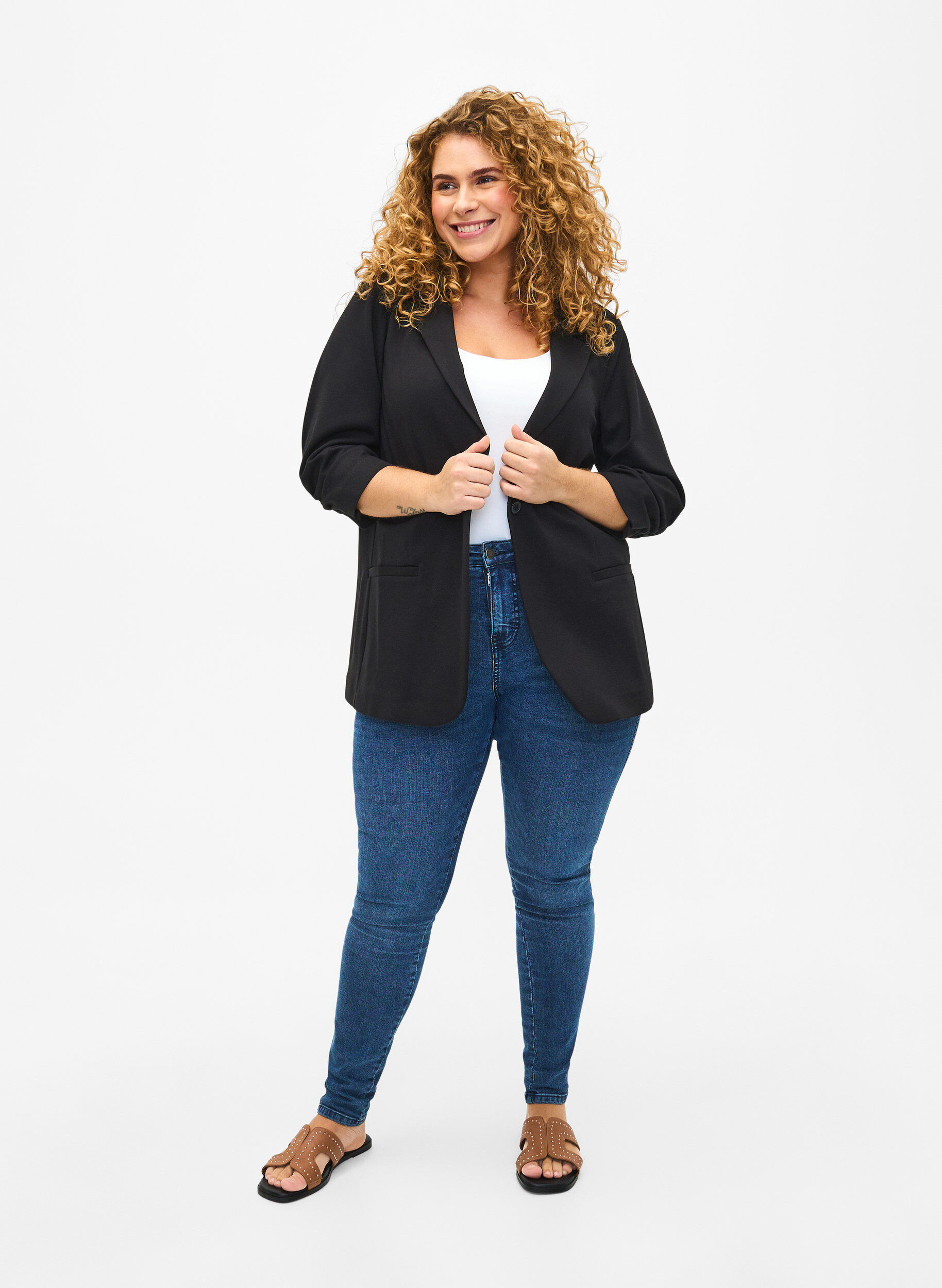 Zizzi Blazer med 3/4 &aelig;rmer , Black, Model image number 3