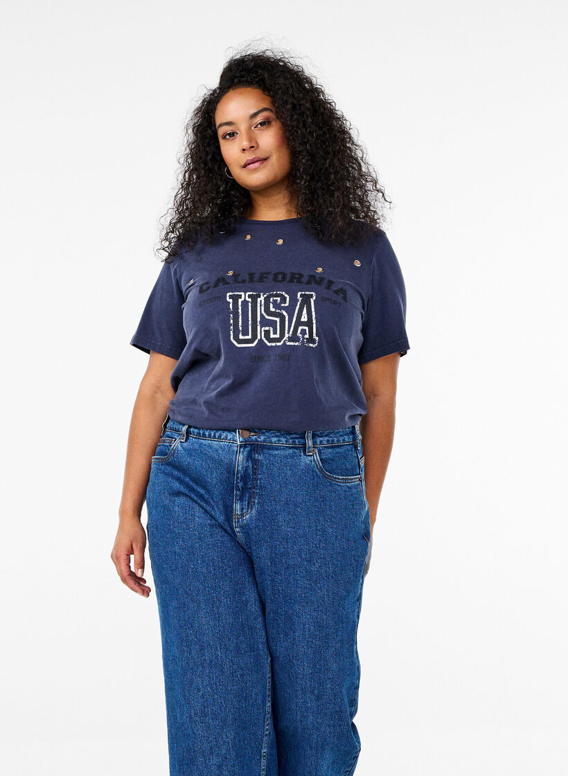 T-shirt med eyelets og print, Navy Washed , Image image number 0