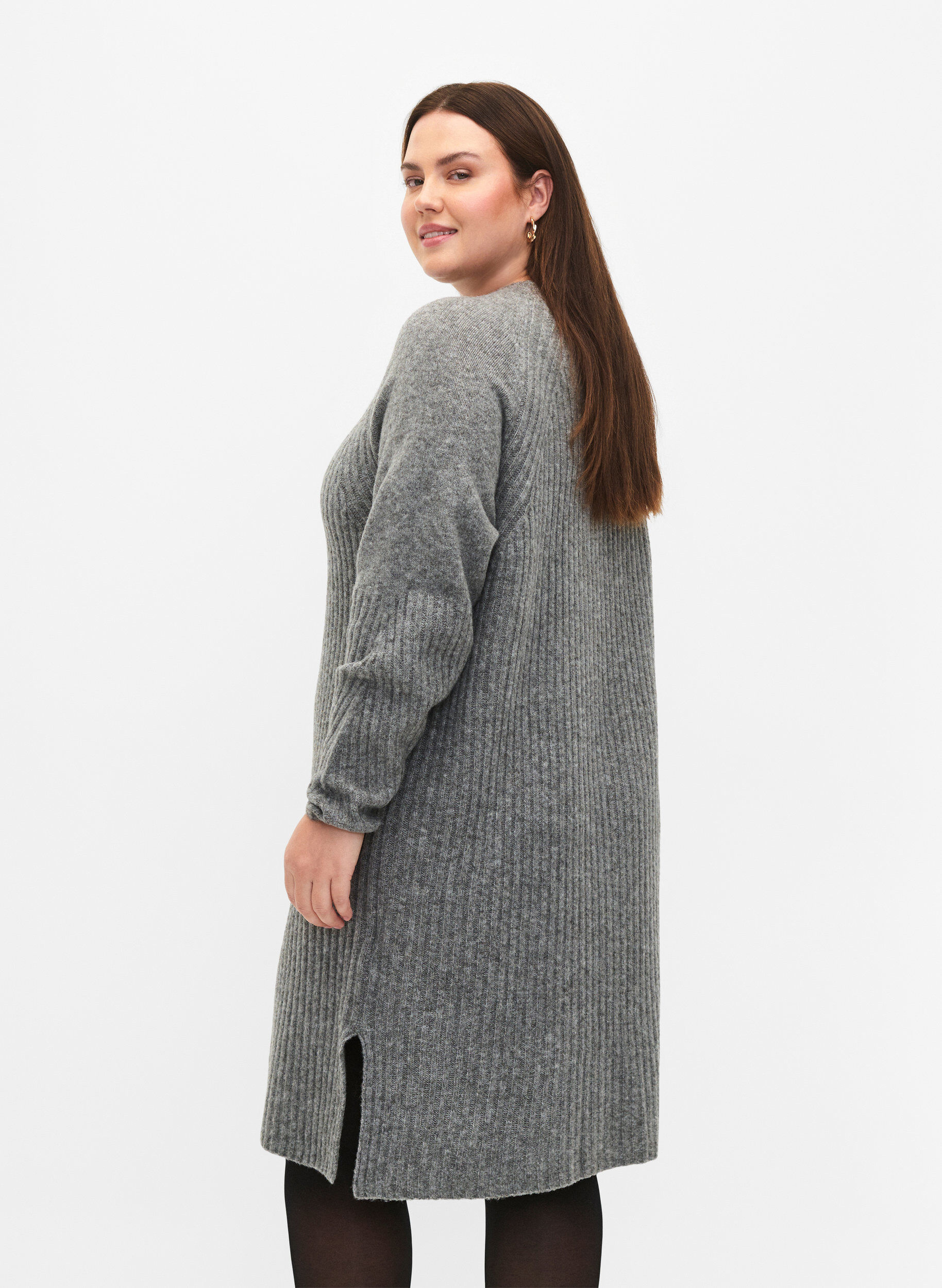 Zizzi Ribstrikket kjole med slids, Light Grey Melange, Model image number 1