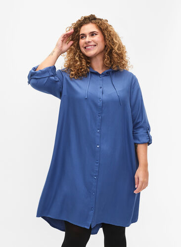 Skjortekjole i viskose med hætte og 3/4 ærmer, Moonlight Blue, Model image number 0