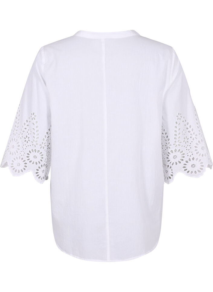Skjortebluse med broderi anglaise og 3/4 ærmer, Bright White, Packshot image number 1