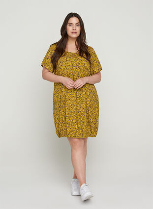 Kortærmet viskose kjole med print, Yellow Ditsy Flower, Model image number 2