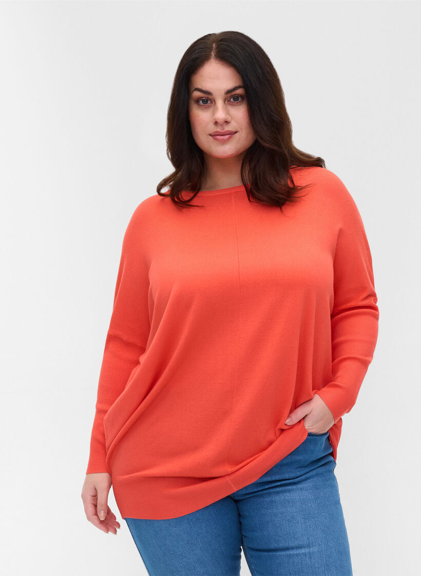 Strikbluse med rund halsudsk&aelig;ring, Living Coral, Model image number 0