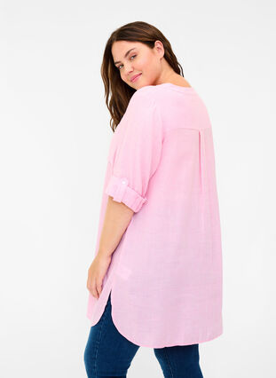 Lang skjorte med v-hals og brystlommer, Cameo Pink, Model image number 1