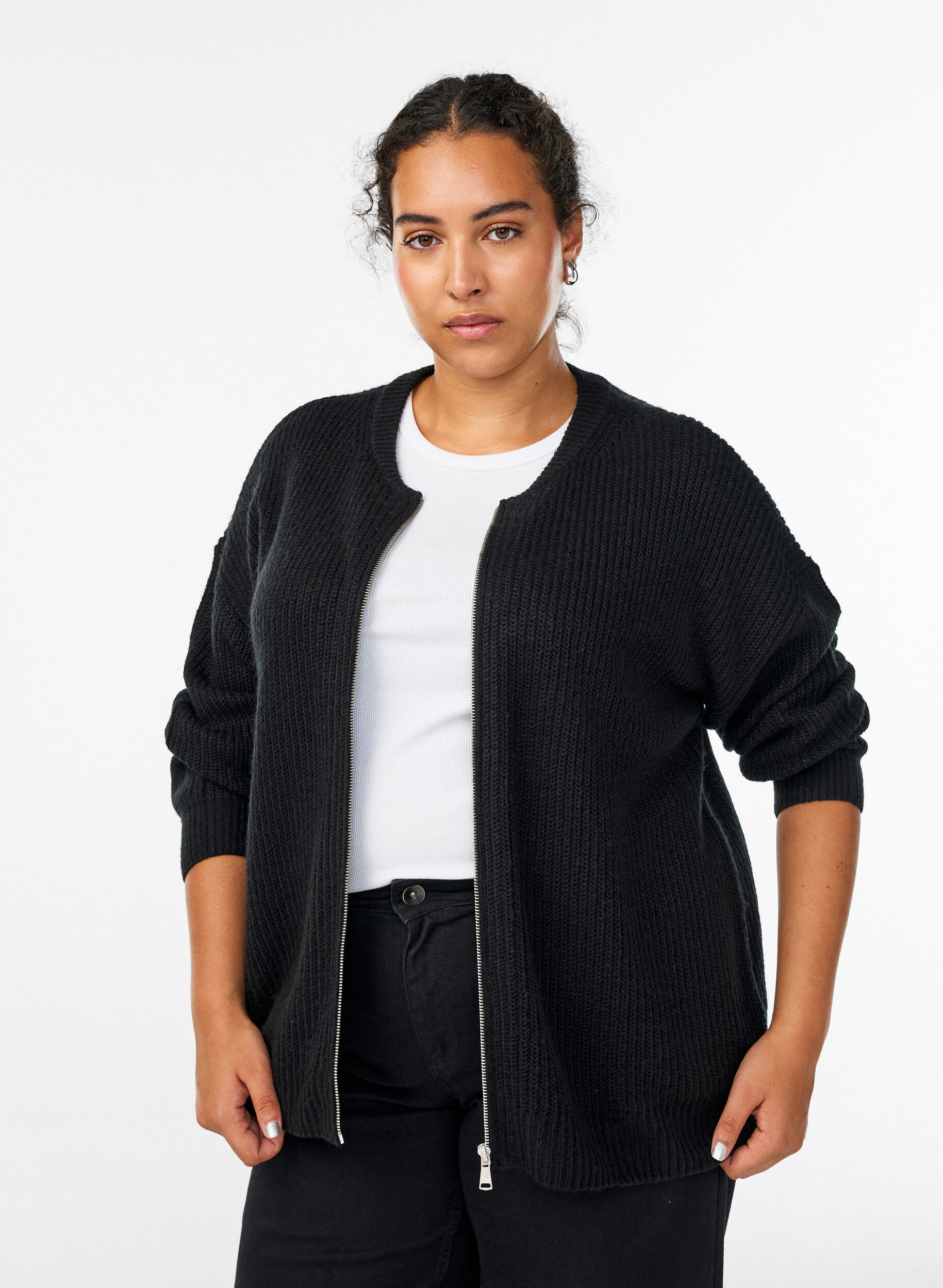 ZizziStrik cardigan med lynl&aring;s, Sort, Model image number 0