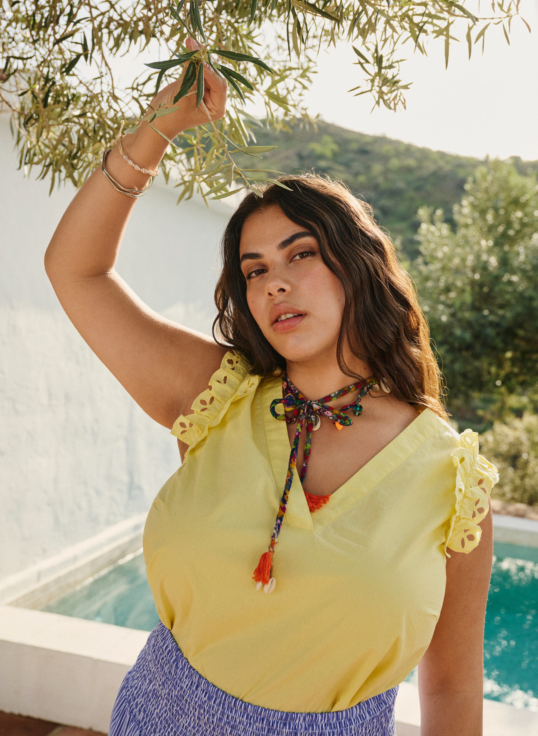 Zizzi &AElig;rmel&oslash;s top i bomuld med fl&aelig;ser, Gul, Image image number 0