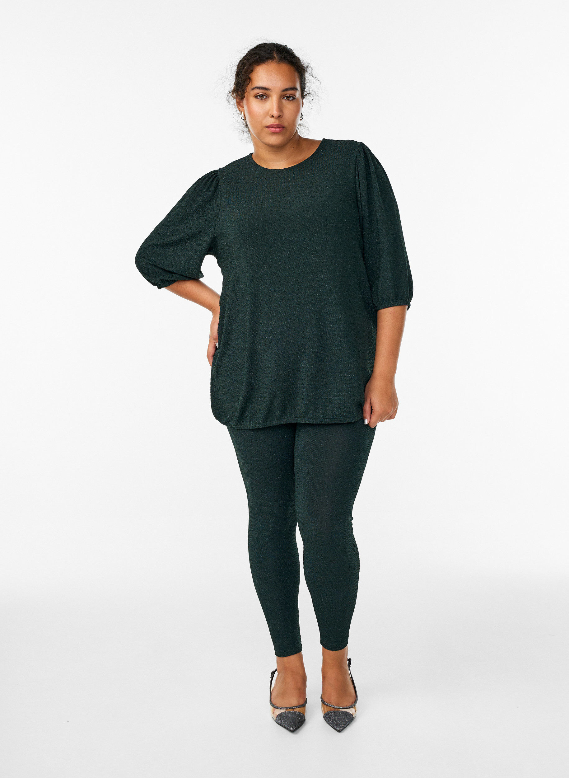 Zizzi Bluse med glitterm&oslash;nster og 3/4 &aelig;rmer, Gr&oslash;n, Model image number 1