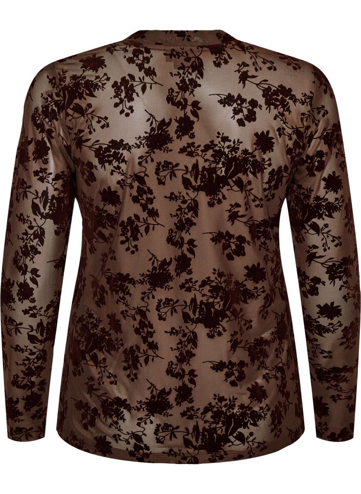 Meshbluse med blomsterm&oslash;nster, Brun, Packshot image number 1