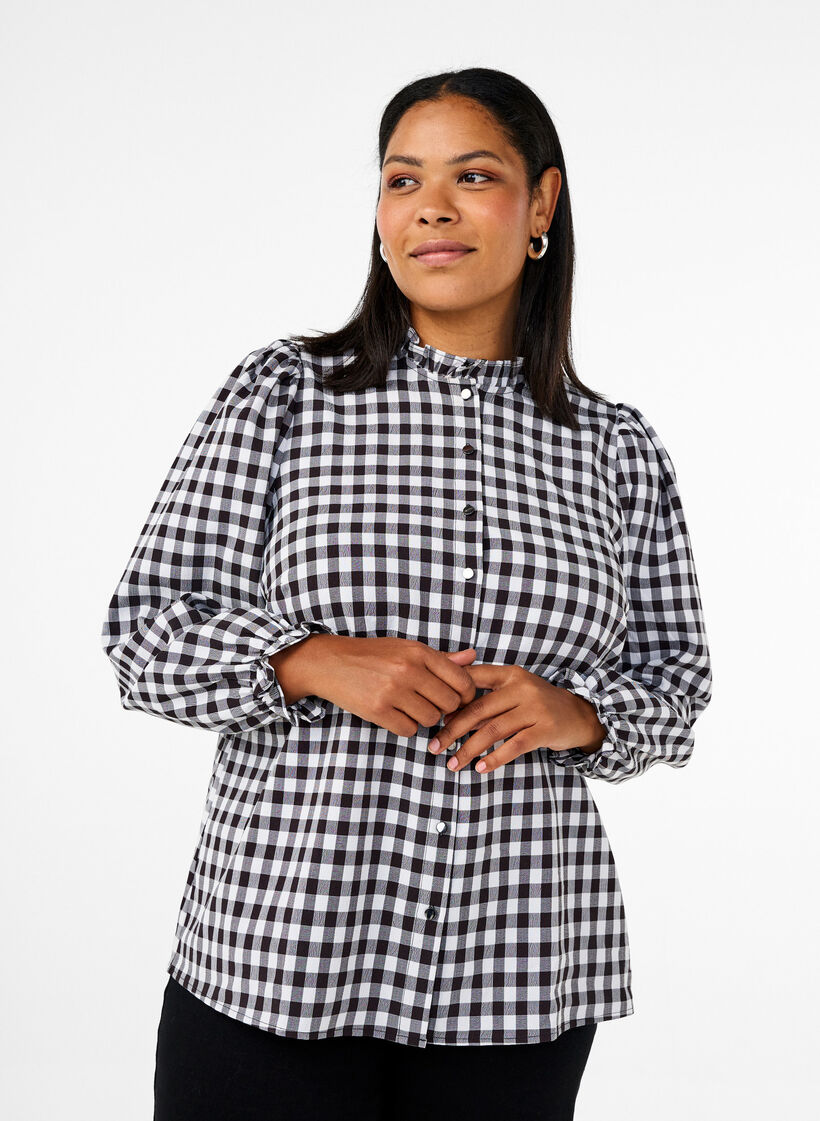 Ternet skjortebluse med flæsedetaljer, Black/W. Gingham, Model image number 0