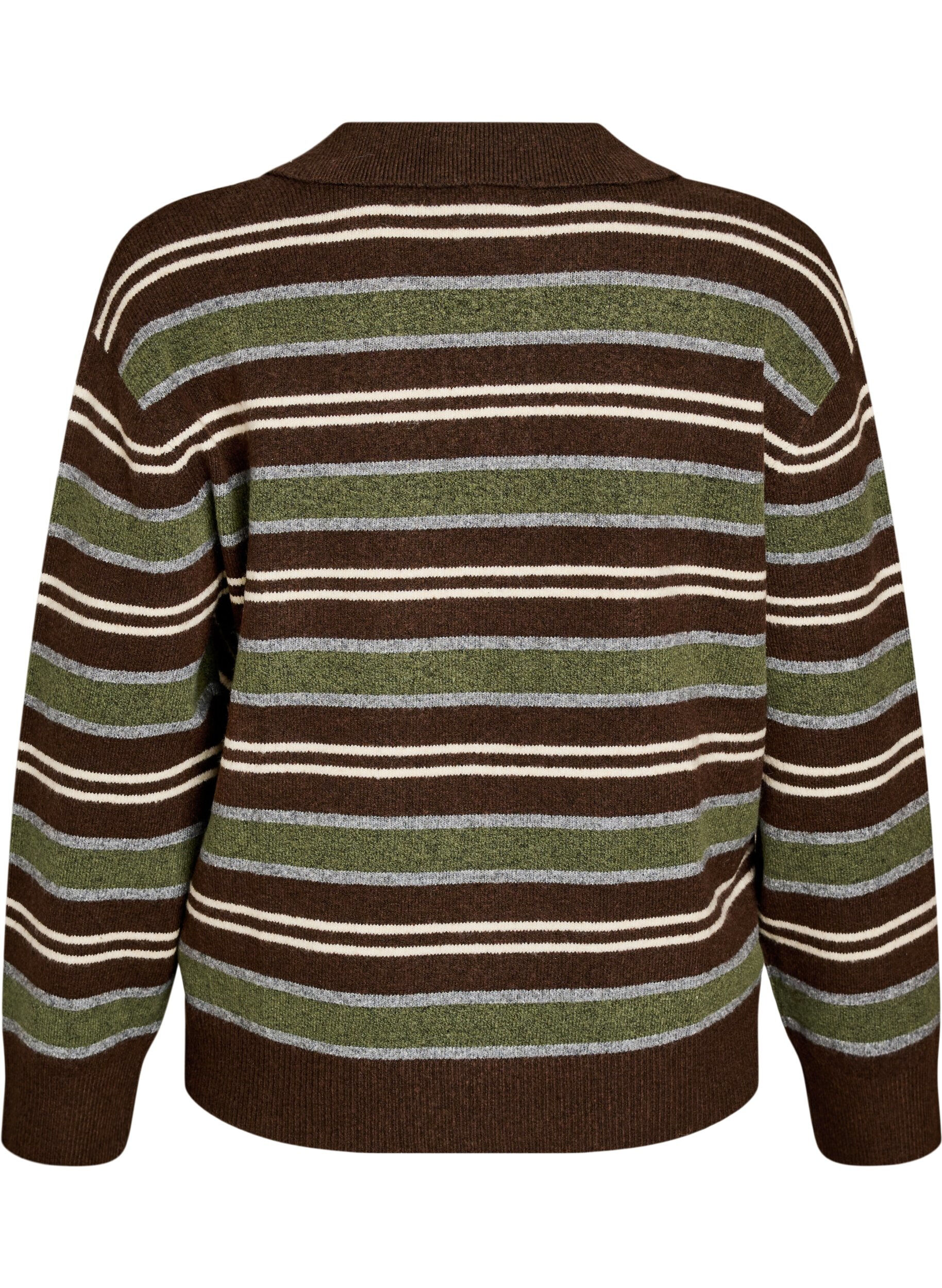 ZizziStrikbluse med striber og polokrave, Brun, Packshot image number 1