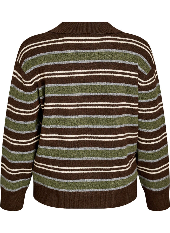 Strikbluse med striber og polokrave, Brun, Packshot image number 1