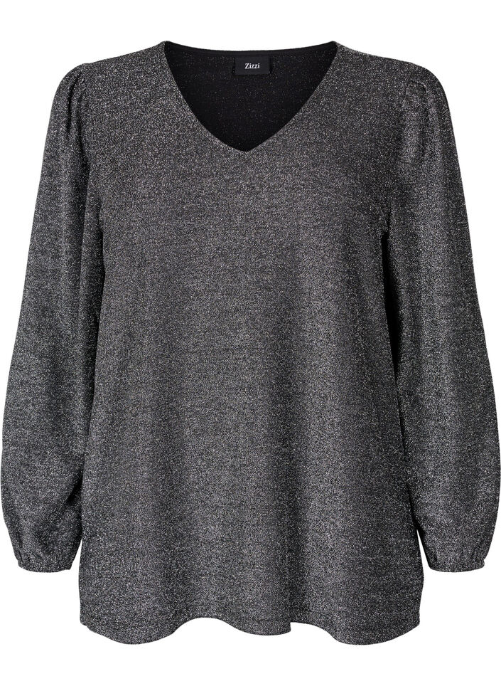 Bluse med glimmer og lange ærmer, Black Silver, Packshot image number 0