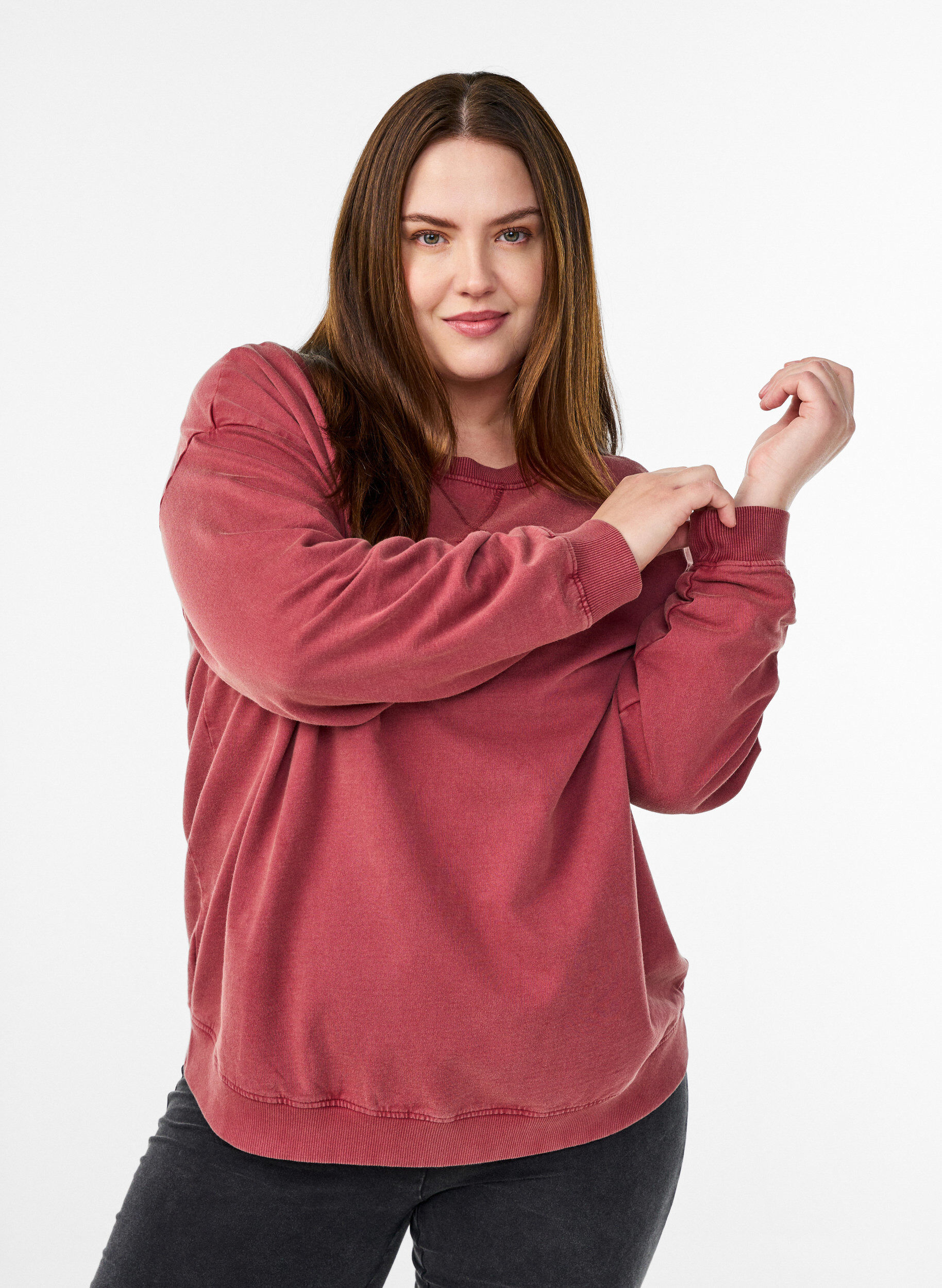 Zizzi L&oslash;s sweatshirt med washed look, R&oslash;d, Model image number 0