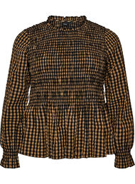 Ternet bluse med smock og peplum, Brun