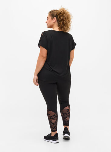 Cropped tights med mønstret mesh, Black, Model image number 1