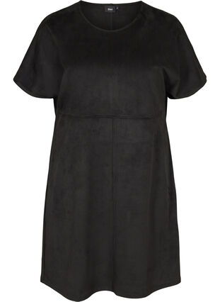 Kortærmet kjole i imiteret ruskind, Black, Packshot image number 0