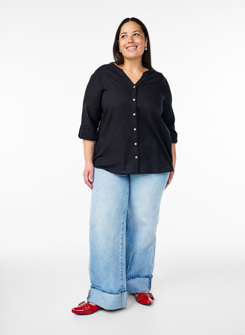 Skjortebluse i bomuld med v-udsk&aelig;ring, Sort, Model image number 1