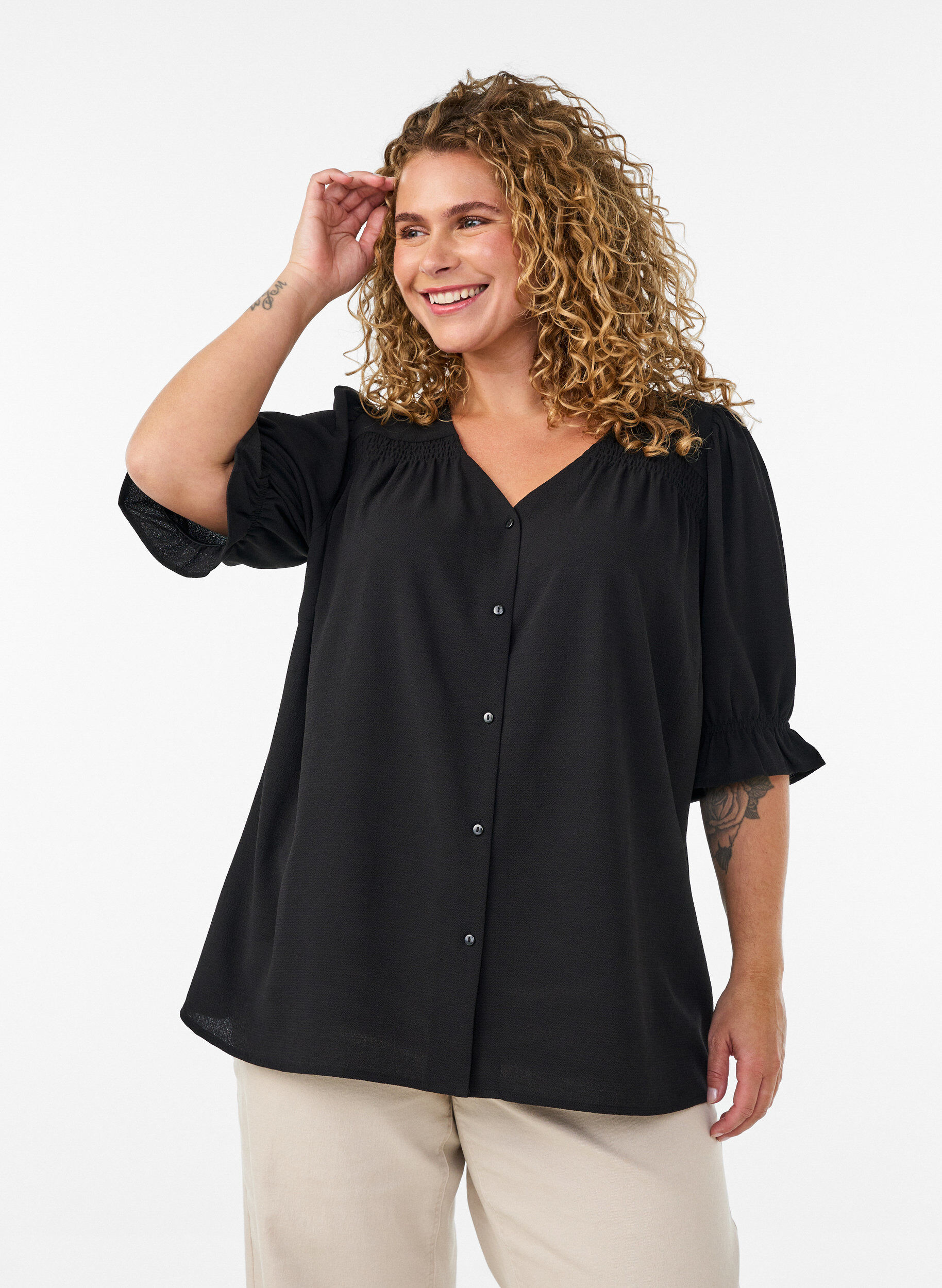 ZizziSkjortebluse med 1/2 &aelig;rmer, Sort, Model image number 0