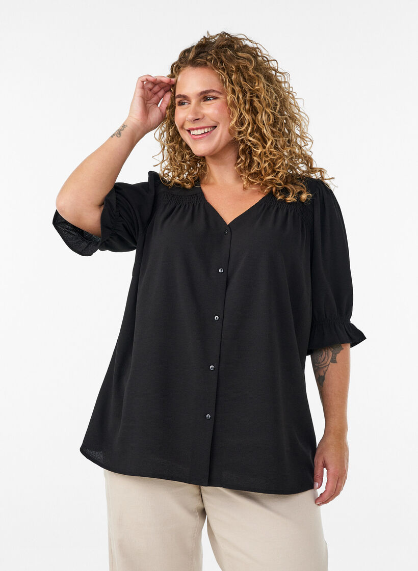 Skjortebluse med 1/2 &aelig;rmer, Sort, Model image number 0