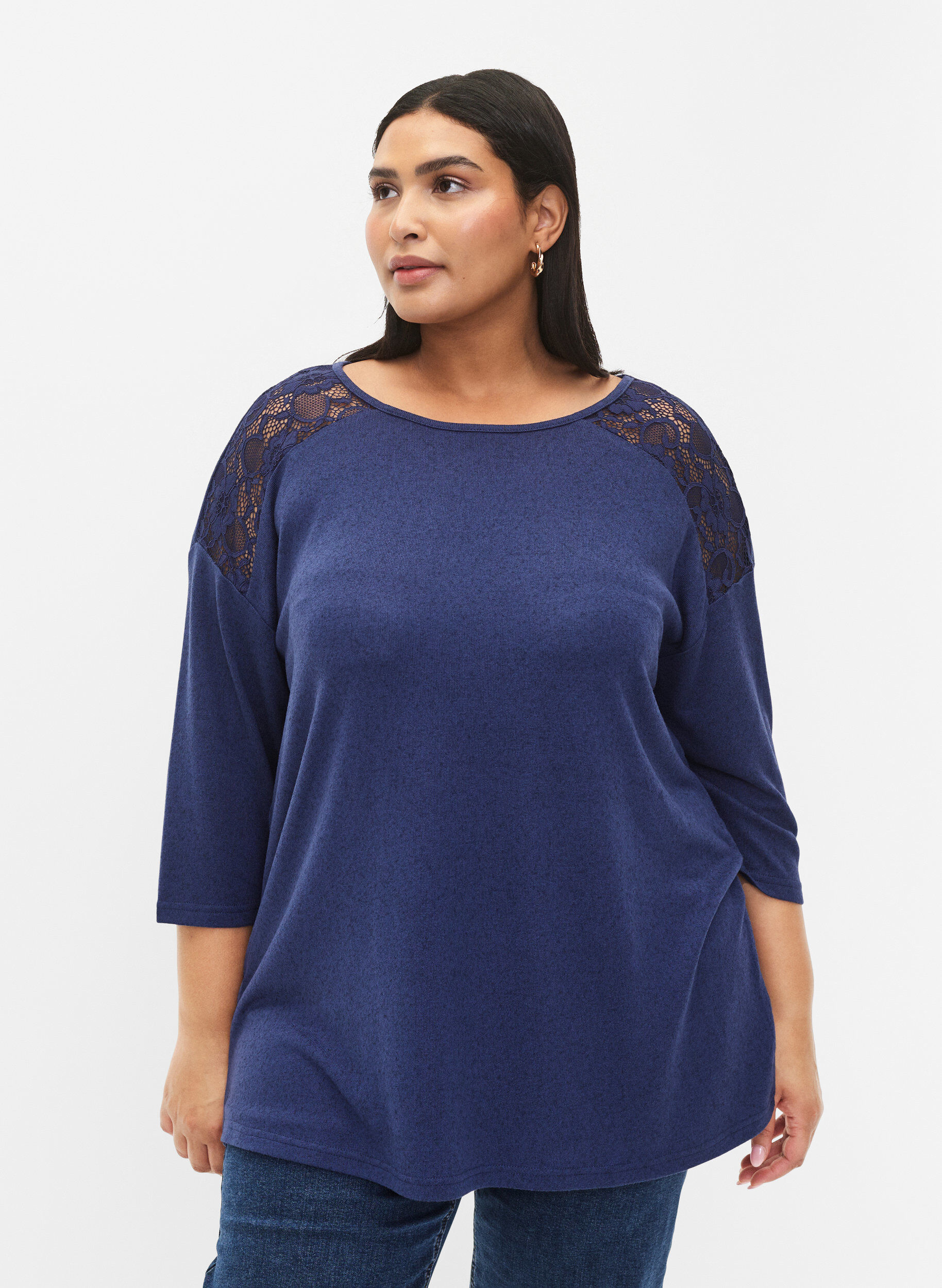 Zizzi Bluse med 3/4 &aelig;rmer og blondedetalje, Medieval Blue Mel., Model image number 0