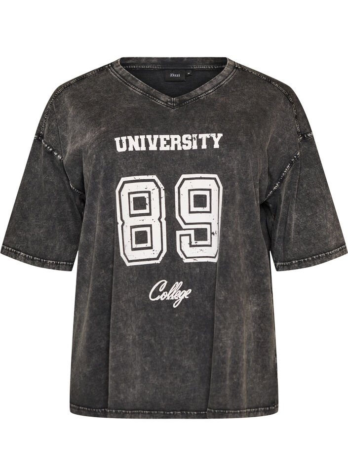 Oversize T-shirt i &oslash;kologisk bomuld med college print, Sort, Packshot image number 0