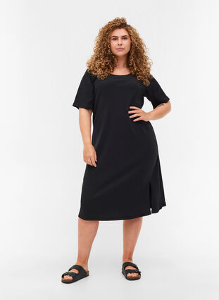 Kortærmet kjole i ribkvalitet , Black, Model image number 2