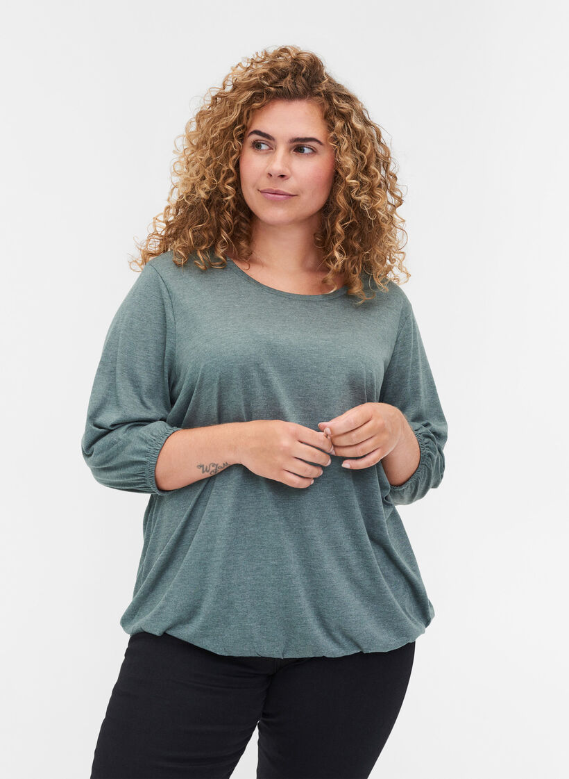 Ensfarvet bluse med 3/4 ærmer, Balsam Green Mel, Model