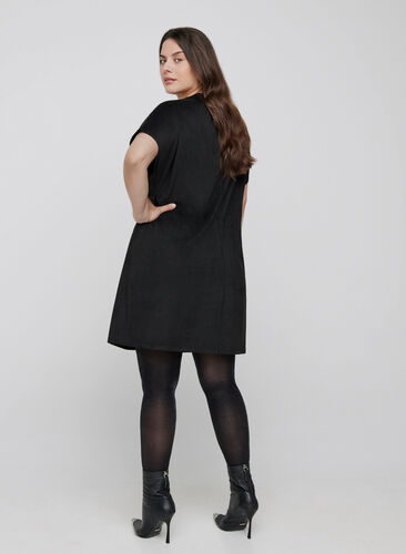 Kortærmet kjole i imiteret ruskind, Black, Model image number 1