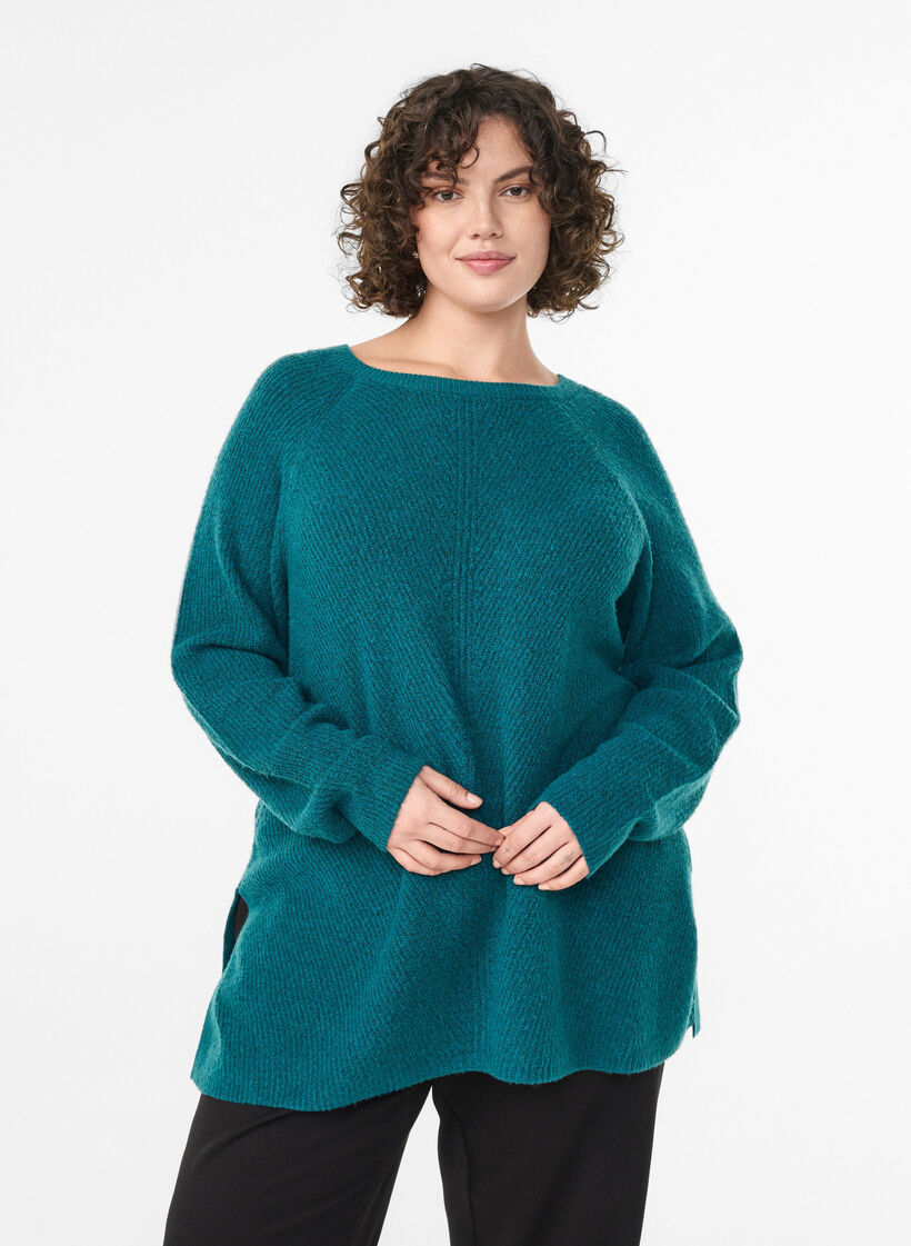 Strikbluse med diagonalt m&oslash;nster og raglan&aelig;rmer, Gr&oslash;n, Model image number 0
