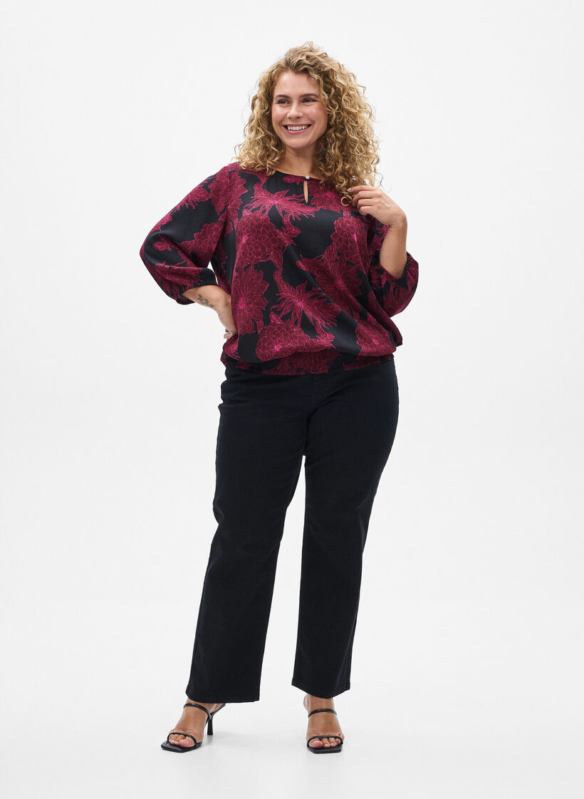 Viskosebluse med blomsterprint og smock, M&oslash;rk Bordeaux, Model image number 1