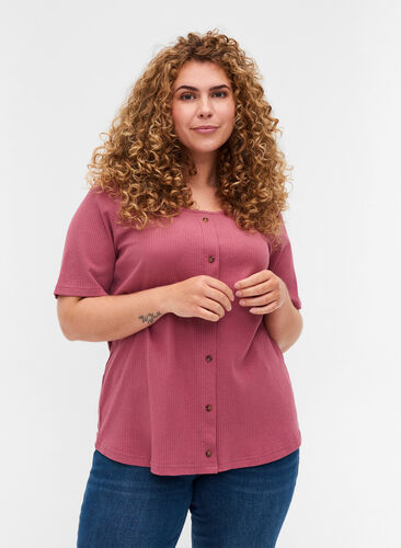 Kortærmet rib t-shirt med knapper, Deco Rose, Model image number 0
