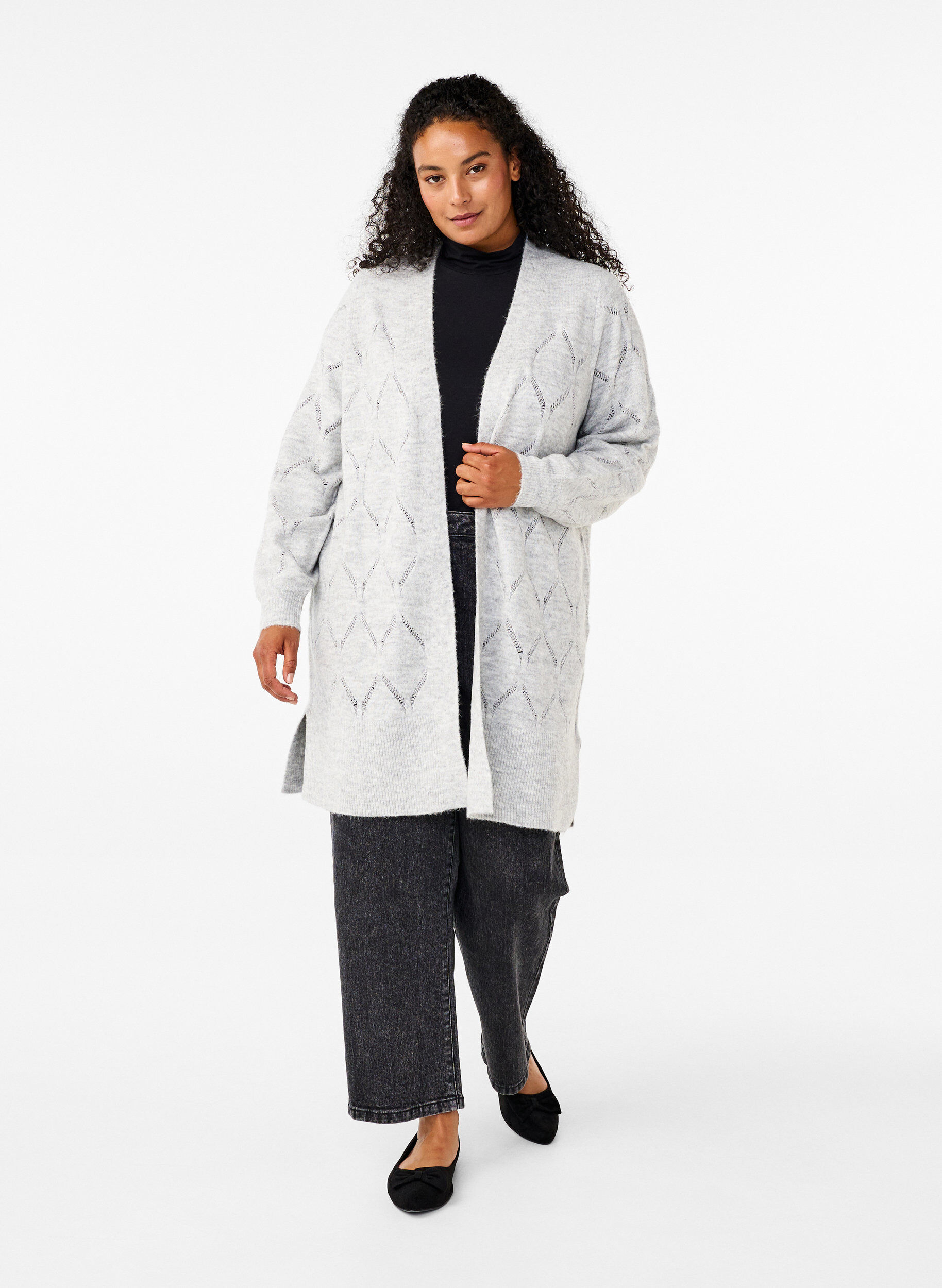 Zizzi Lang&aelig;rmet strikcardigan, Light Grey Melange, Model image number 2