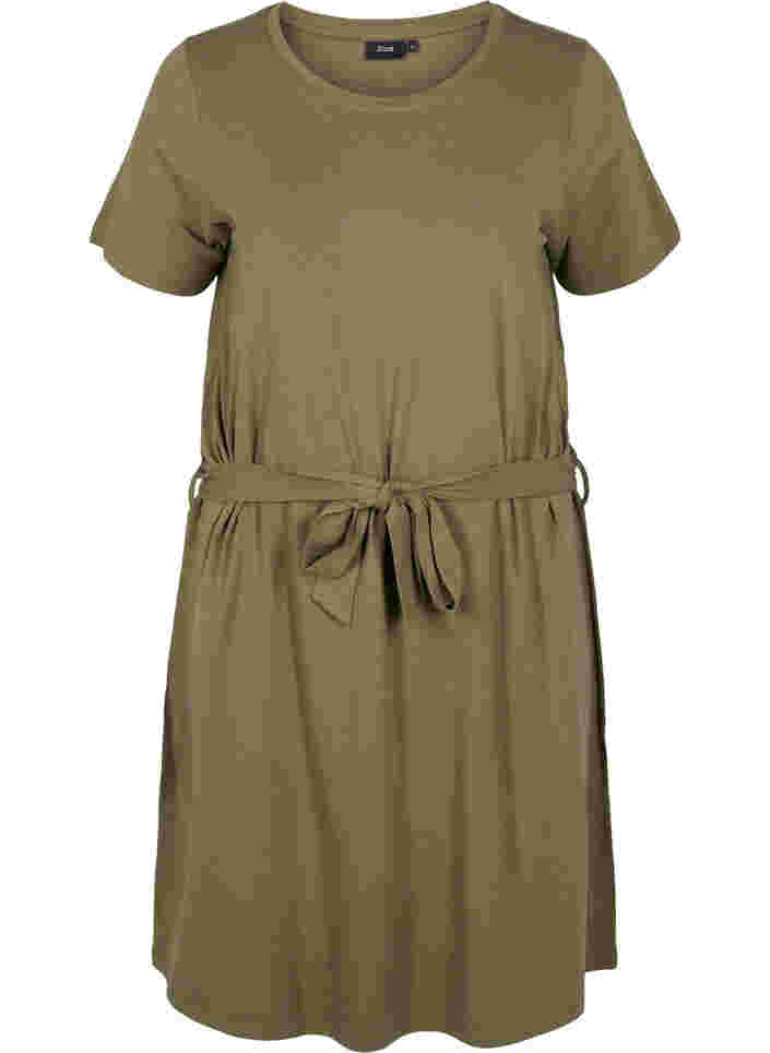 Kortærmet kjole med taljebælte, Dusty Olive, Packshot image number 0