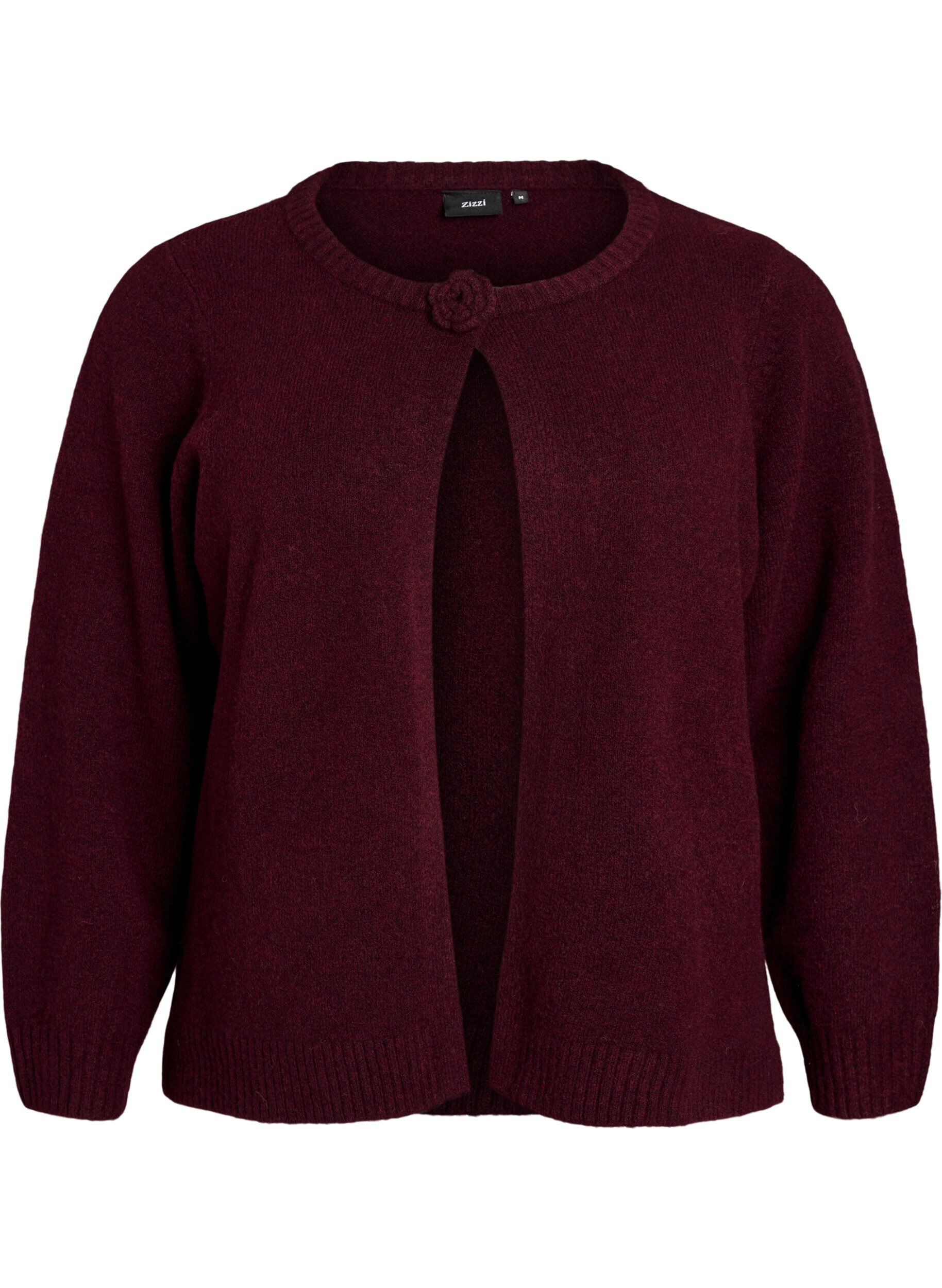 ZizziStrikket cardigan med blomsterdetalje, M&oslash;rk Bordeaux, Packshot image number 0