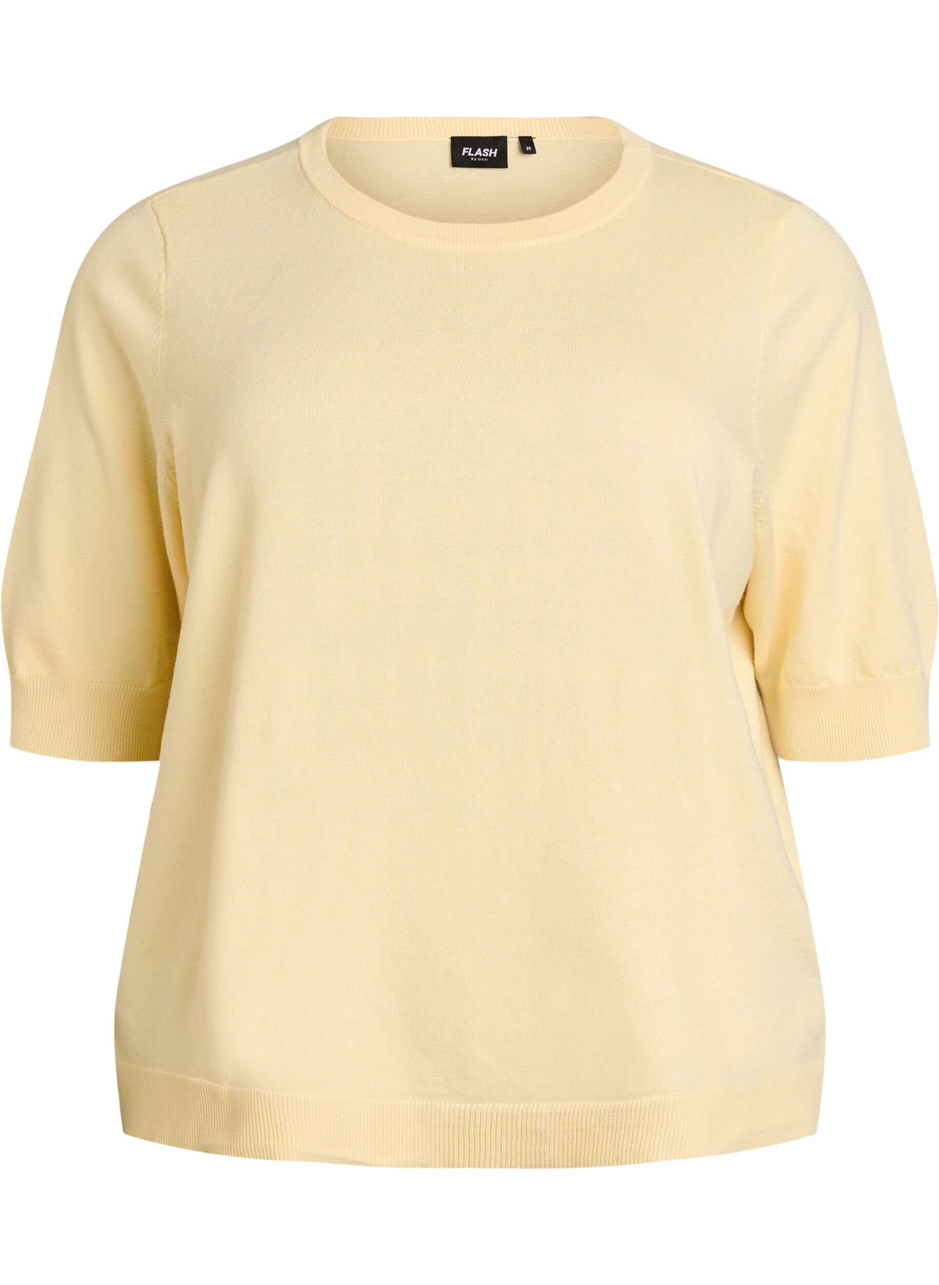 ZizziFinstrikket bluse med korte &aelig;rmer, Gul, Packshot image number 0