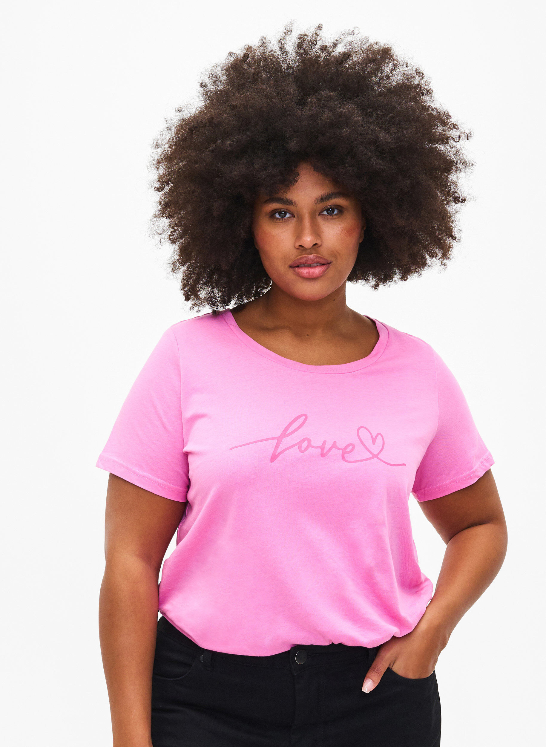 Zizzi T-shirt i bomuld med print og rund hals , RoseBloom W. Love, Model image number 0