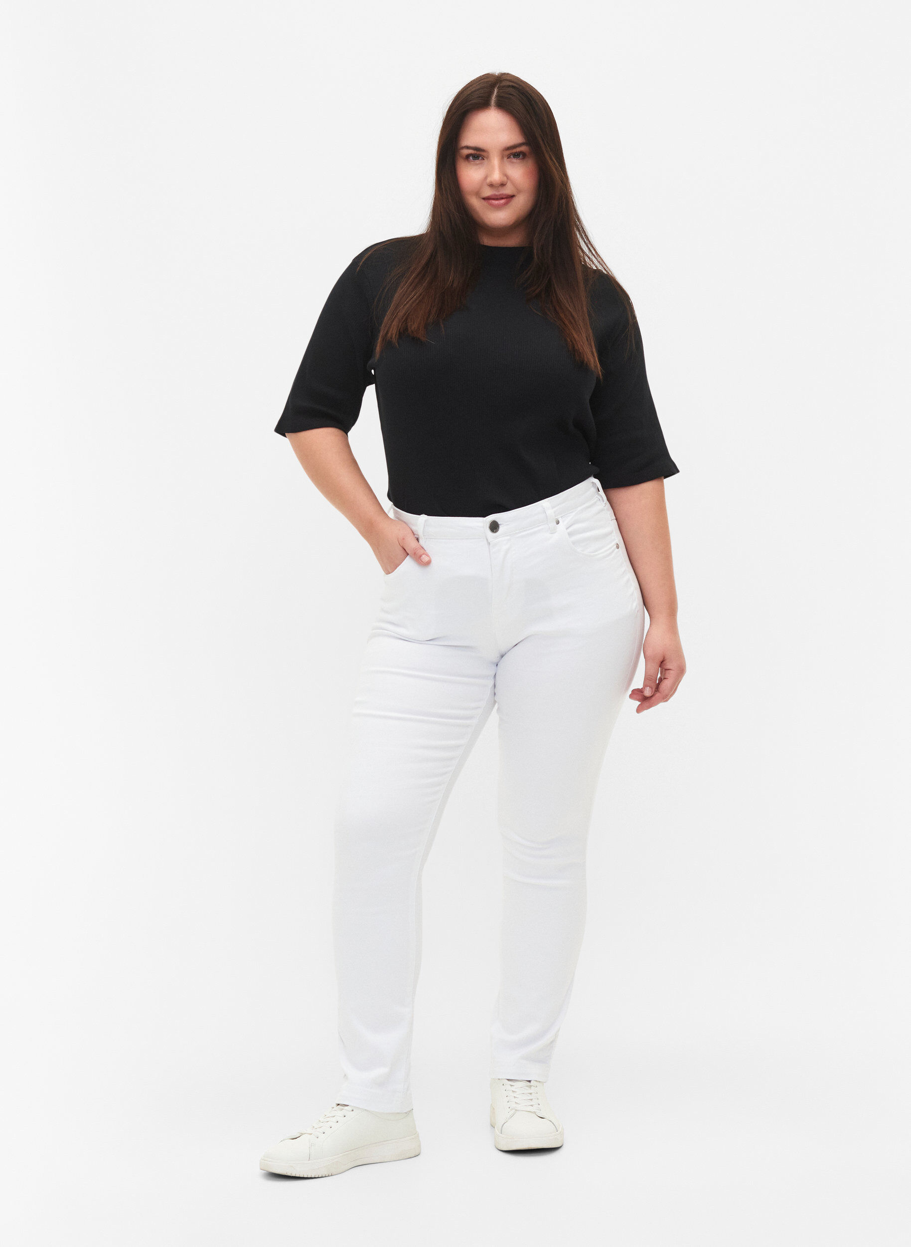 Zizzi Slim fit Emily jeans med regul&aelig;r talje, Hvid, Model image number 0