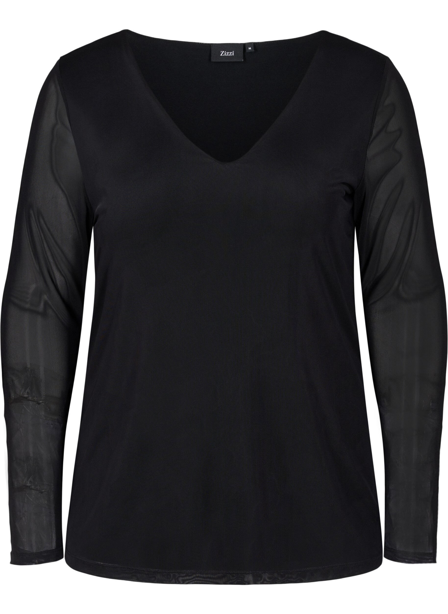 Zizzi T&aelig;tsiddende meshbluse med v-hals, Black, Packshot image number 0