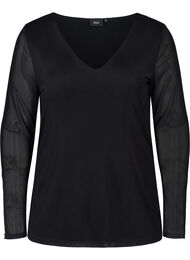 Tætsiddende meshbluse med v-hals, Black