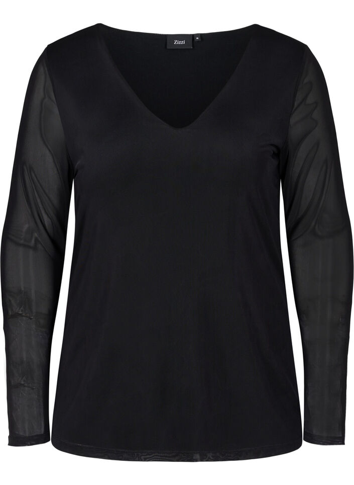 Tætsiddende meshbluse med v-hals, Black, Packshot image number 0