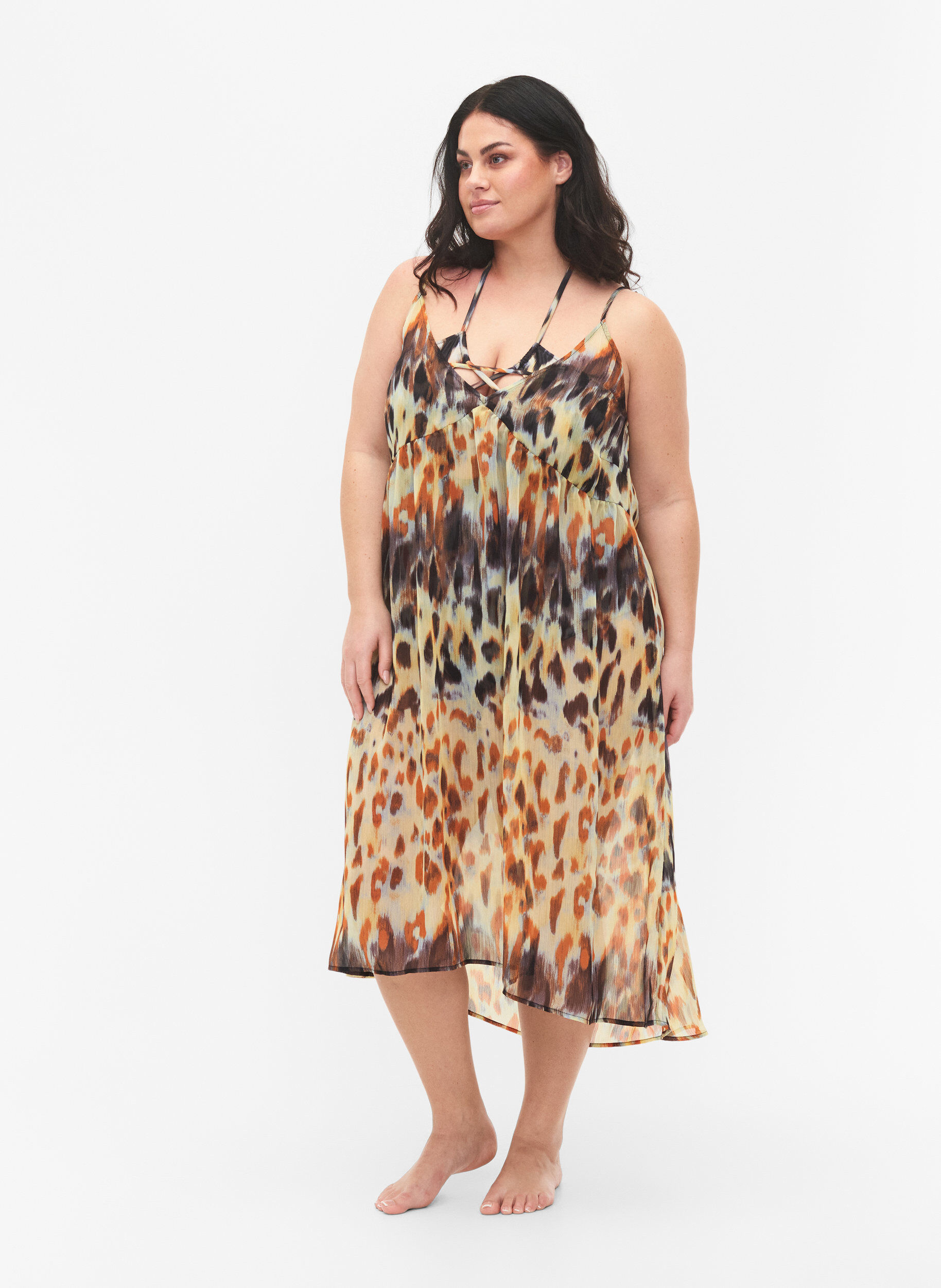Zizzi Leoprintet strandkjole med stropper, Abstract Leopard, Model image number 0