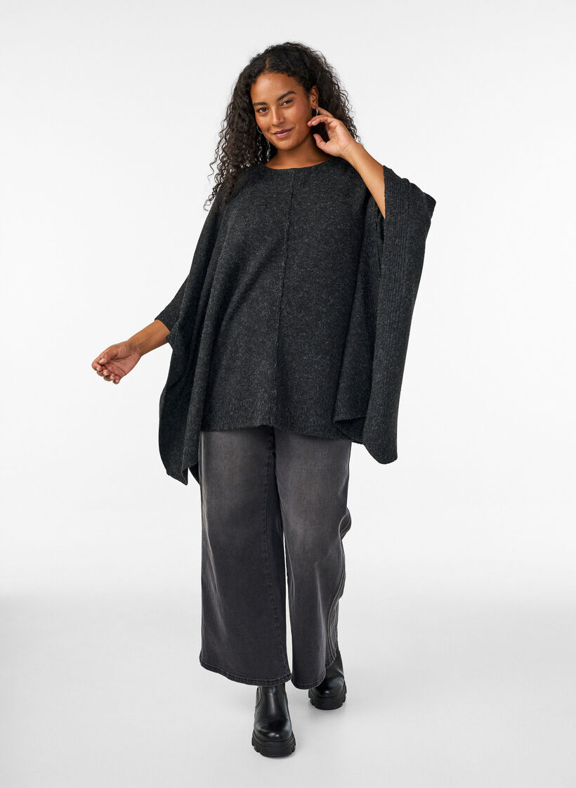 Strikket poncho med rund hals, Gr&aring;, Model image number 1
