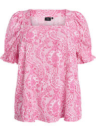 Viskosebluse med paisleyprint og firkantet udsk&aelig;ring, Lyser&oslash;d