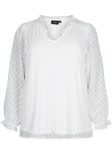 Bluse med lange ærmer og flæsedetaljer, Bright White, Packshot image number 0