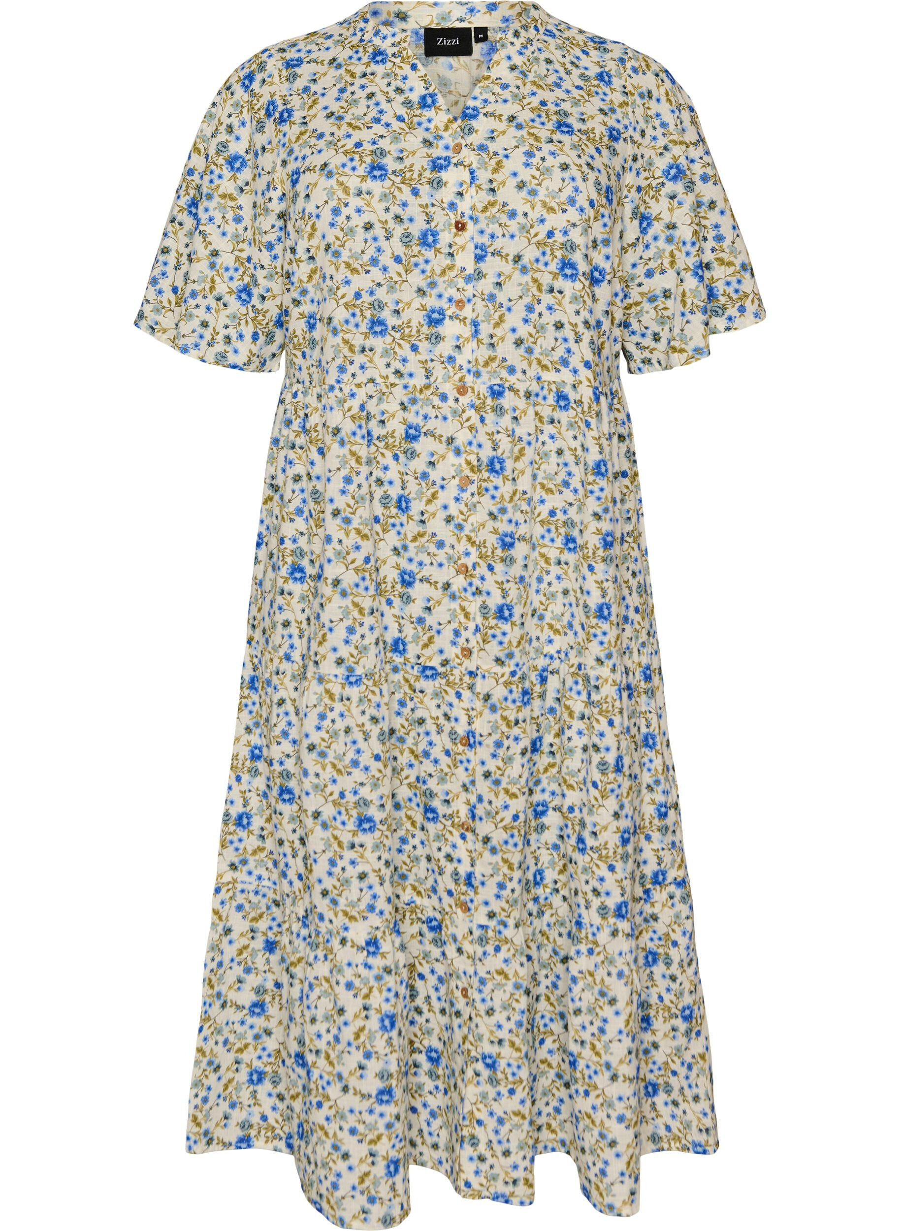 ZizziMidikjole i bomuld med blomsterprint, Bl&aring;, Packshot image number 0