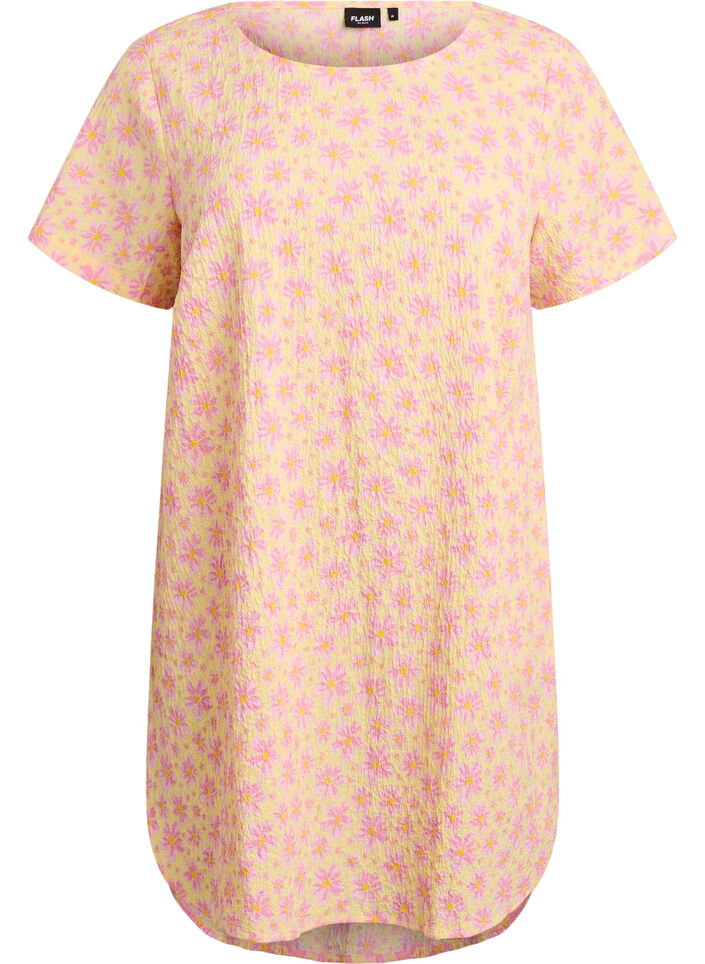 Kort kjole med kr&oslash;llet struktur og korte &aelig;rmer, Gul, Packshot image number 0