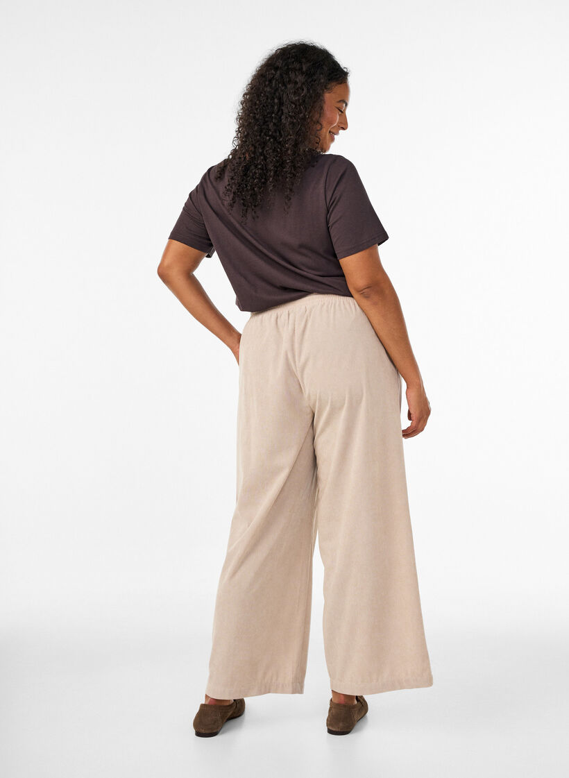 Fl&oslash;jlsbukser med vide ben og h&oslash;j talje, Beige, Model image number 1